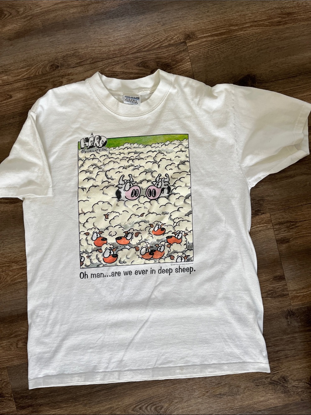 Vtg 90s A Herd Of Laughter "Deep Sheep" Graphic Tee White Size L 1997